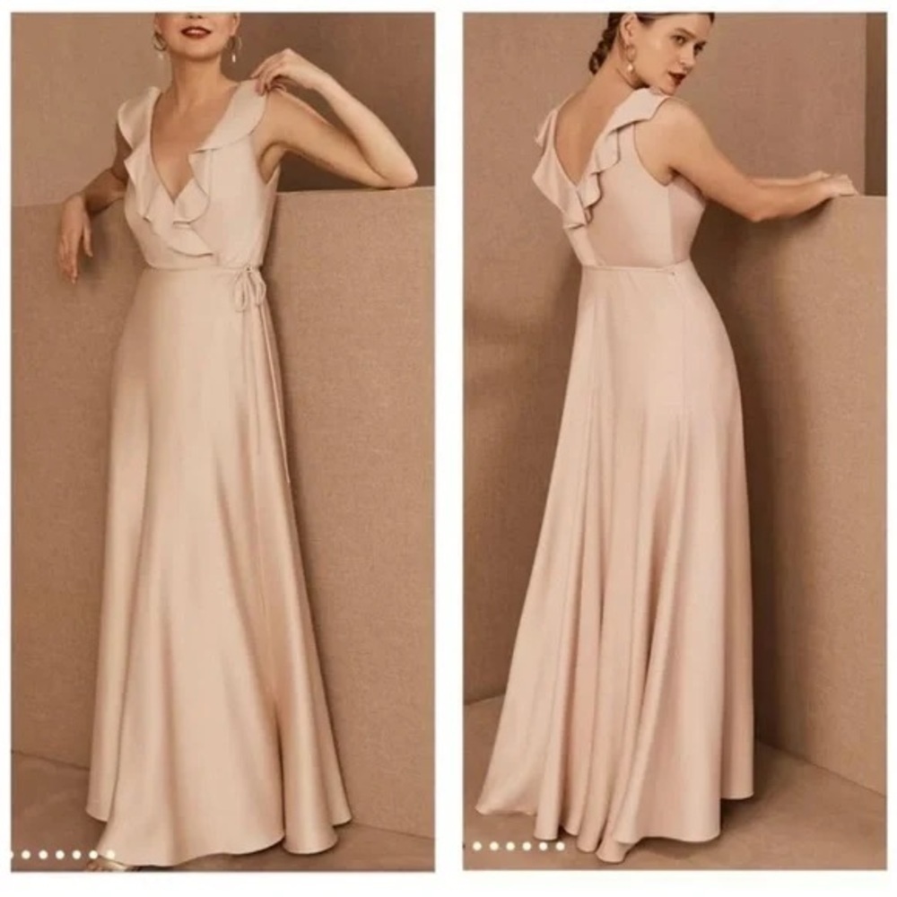 BHLDN Anthropologie Nude Pink Tansy Satin Charmeuse Ruffle Maxi Dress